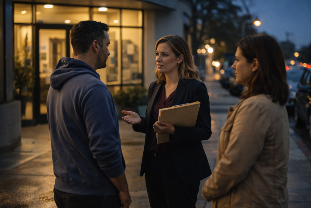 Evening conversation outside the centre